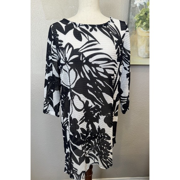 Chicos Swim Cover Up Dress Mesh Tunic Hawaiian 1 Black White Floral‎ Medium - Picture 1 of 7